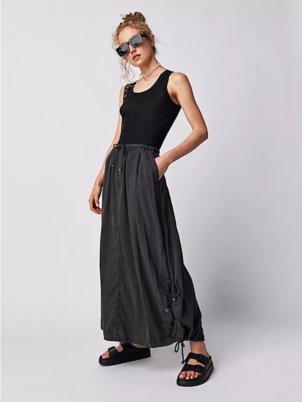Free People Parachute Maxi Drawstring Skirt in Charcoal